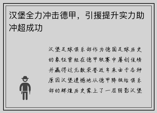 汉堡全力冲击德甲，引援提升实力助冲超成功