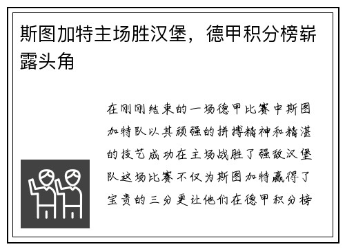 斯图加特主场胜汉堡，德甲积分榜崭露头角